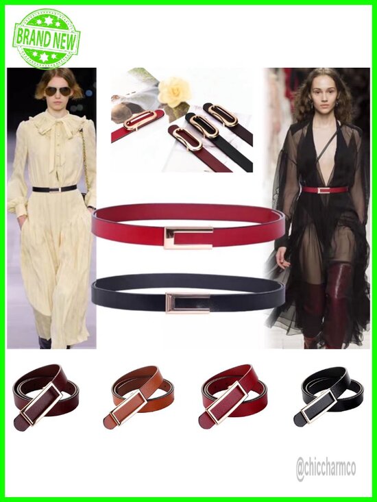 Genuine Leather Belt with Gold Oval Buckle, Durable Waistband
